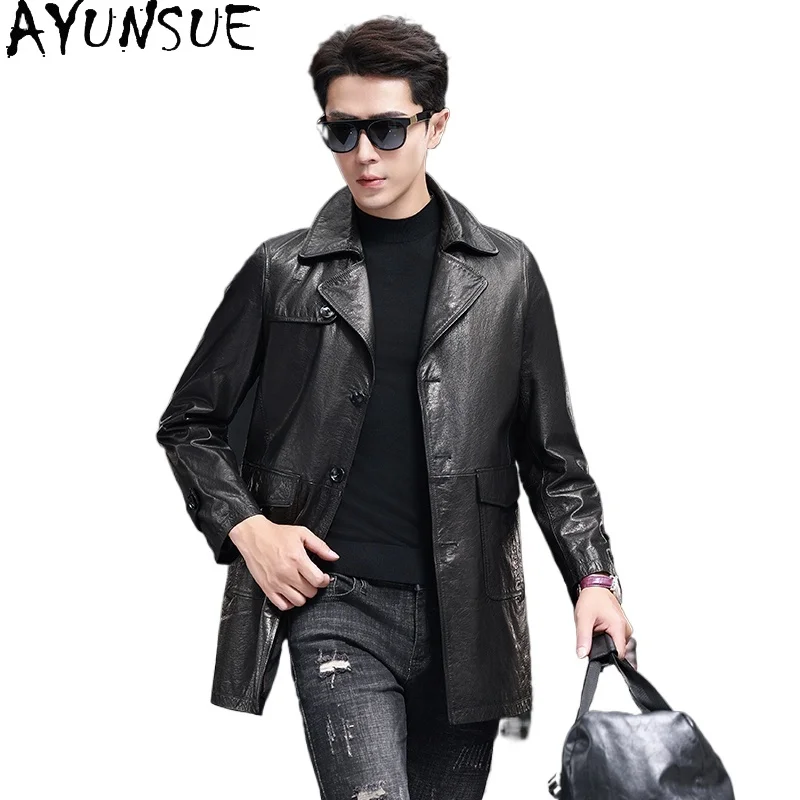 

AYUNSUE Genuine Leather Jacket Men Mid-length Real Cowhide Trench Coat Suit Collar Korean Fashion Leather Jackets Man Chaquetas