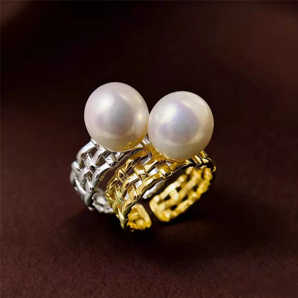 

1pcs 925 Silver Style DIY Ring Pearl Accessories Pearl Ring Empty Holder, Fashionable Gold Silver Ring Holder 7-10mm Round Beads