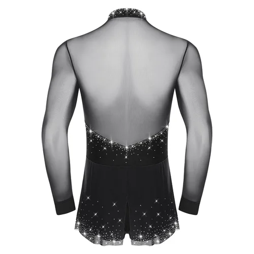 Imagen 2 del producto Leotardo de baile de Jazz latino Samba para hombre, cuello en V profundo, manga larga, diamantes de imitación brillantes, mono Peplum de malla transparente, Ropa de baile de salón y Salsa