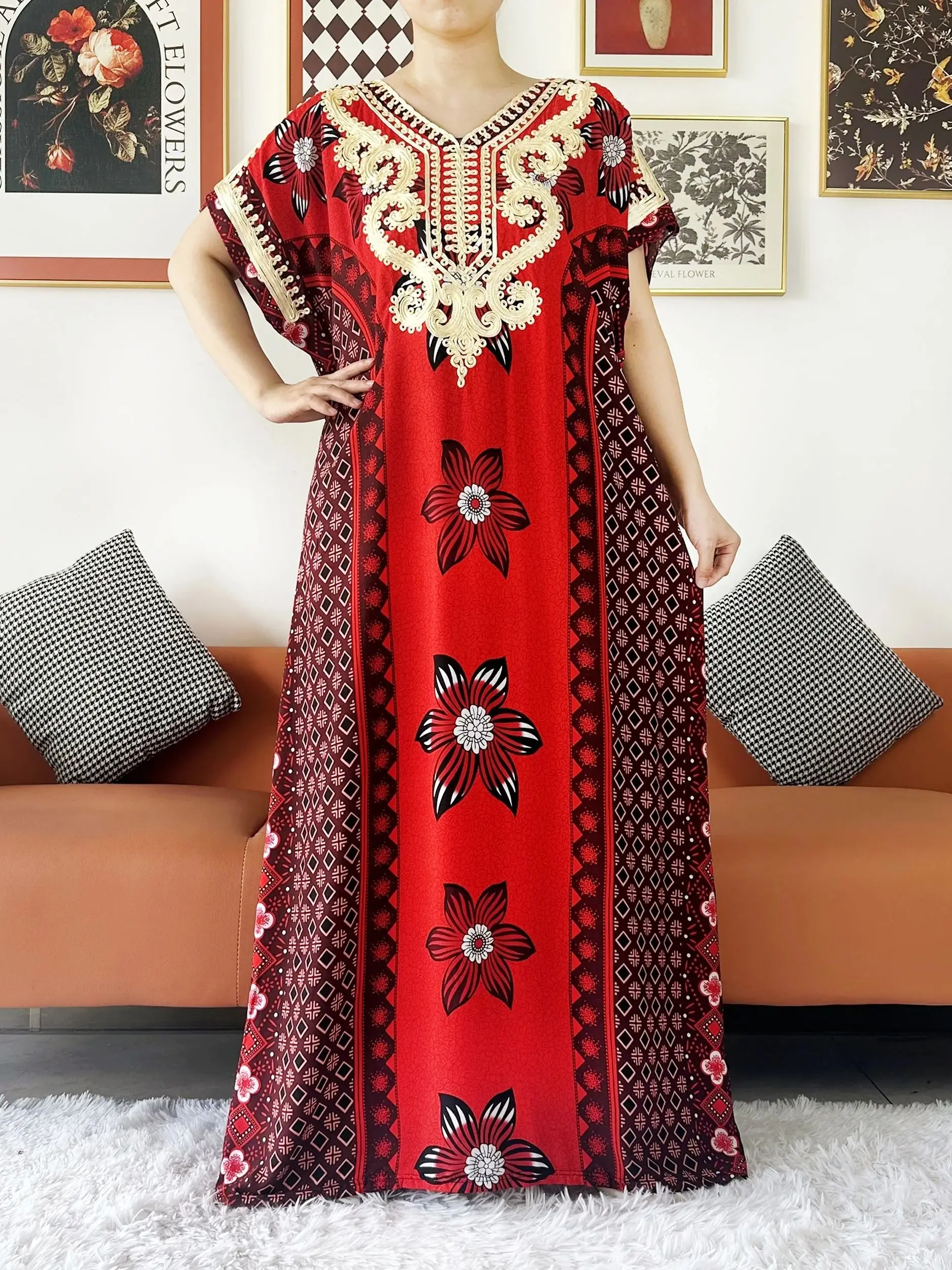 New African Fashion Short Sleeve African Abaya Embroidery Printed Cotton Loose Femme Robe Islamic Dresses With Big Shawls