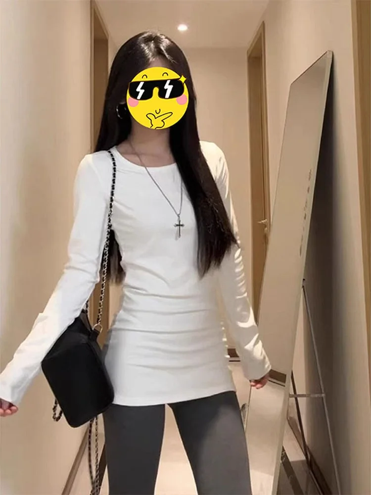 

Женская удлиненная футболка из чистого хлопка, белая, до плеч, осенне-зимняя, базовая, средней длины, для ношения под одеждой, прикрывающая ягодицы