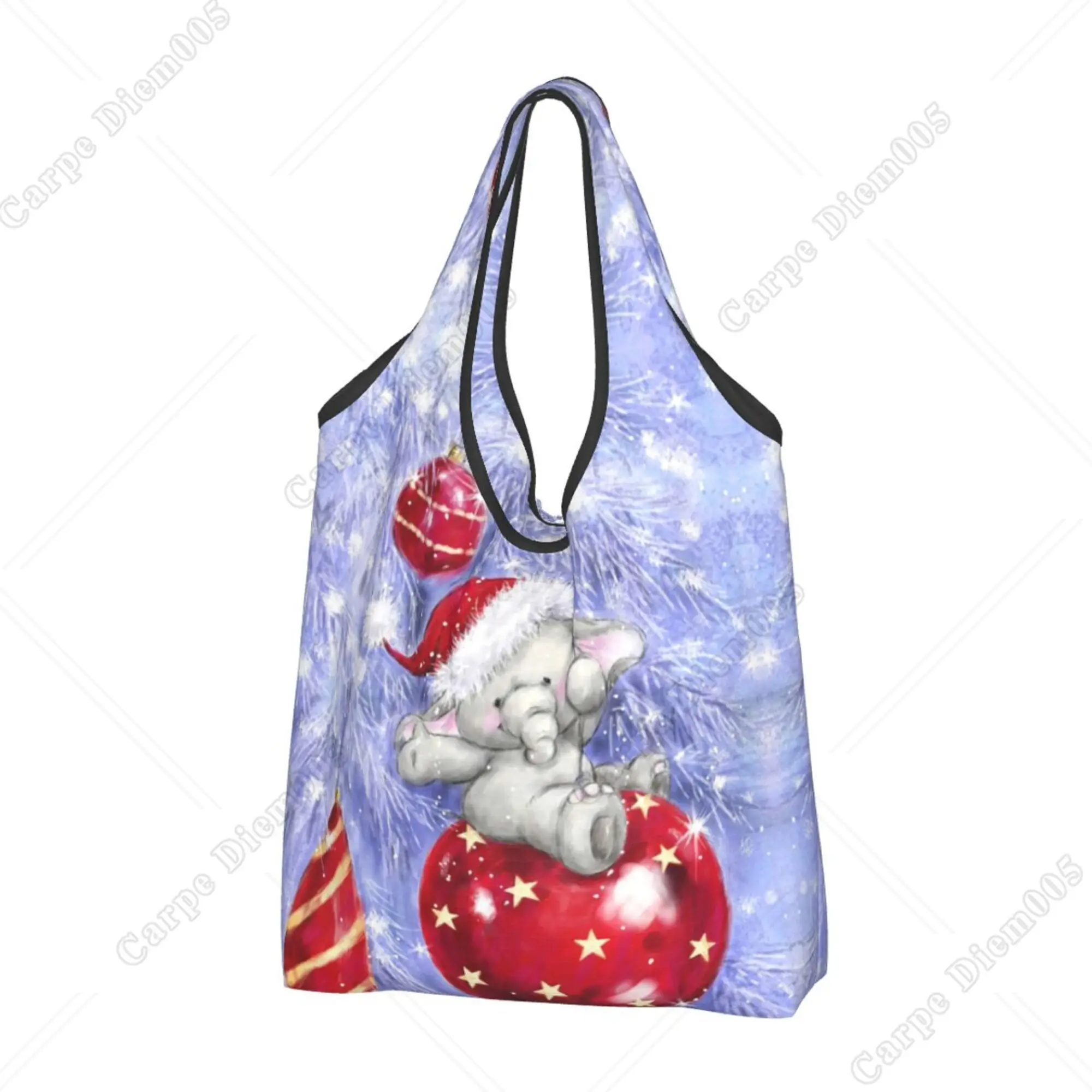 Snowflakes and Elephant Christmas Tote Bag Folding Shopper Bag for Women Shopping Work Walking No Zipper Reusable Shopping Bag