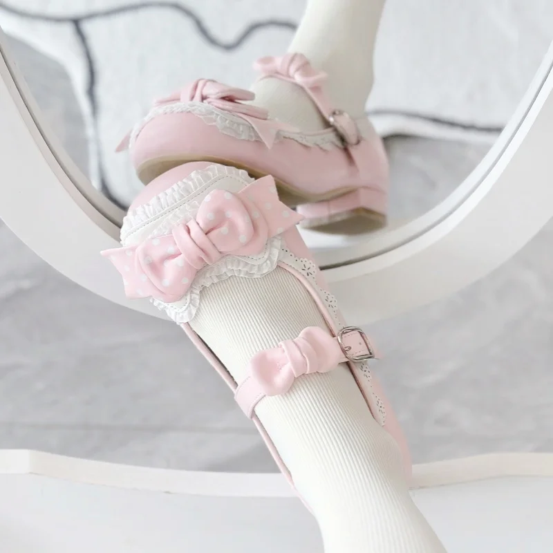 Japanese Sweet Lolita Women Candy Color Bow Low Lace Heel Flat Heel Small Leather Shoes Round Head Cute Single Girls Shoes Lo