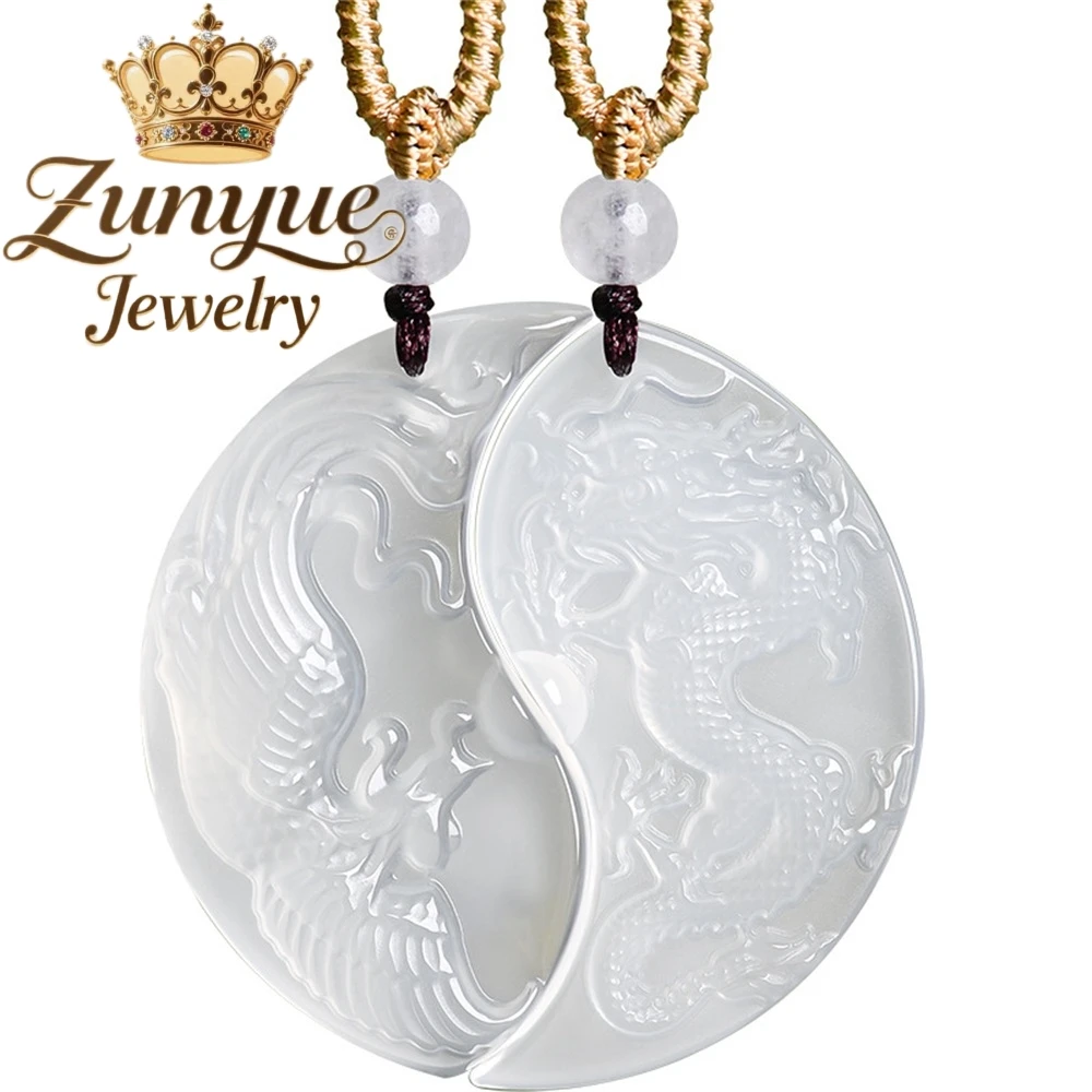 Natural Jasper Ice-Grade White Agate Hollowed-Out Dragon And Phoenix Pendant Couple High-end Popular Fashion Luxury Jewelry Gift