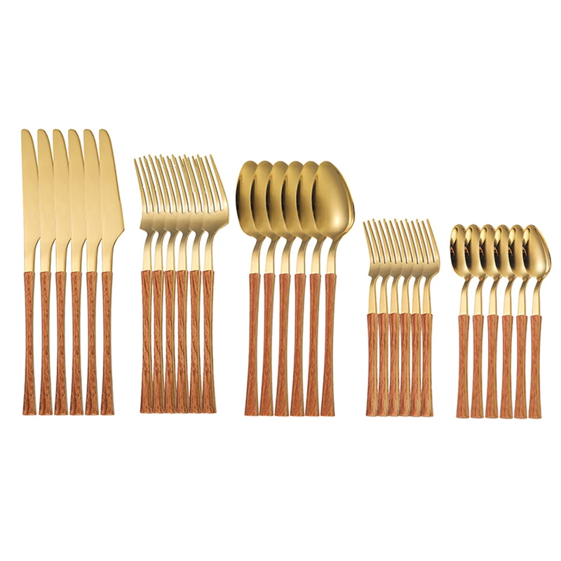 

30Pcs Imitation Wooden Handle Golden Covered Stainless Steel Cutlery Set Silverware Set Tableware Fashionable Adult Utensil Set