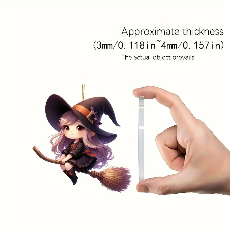 Cute Witch On The Broomstick Acrylic Decorative Pendant Car Accessories, 2D Flat Pendant Decoration Halloween Christmas Pendants