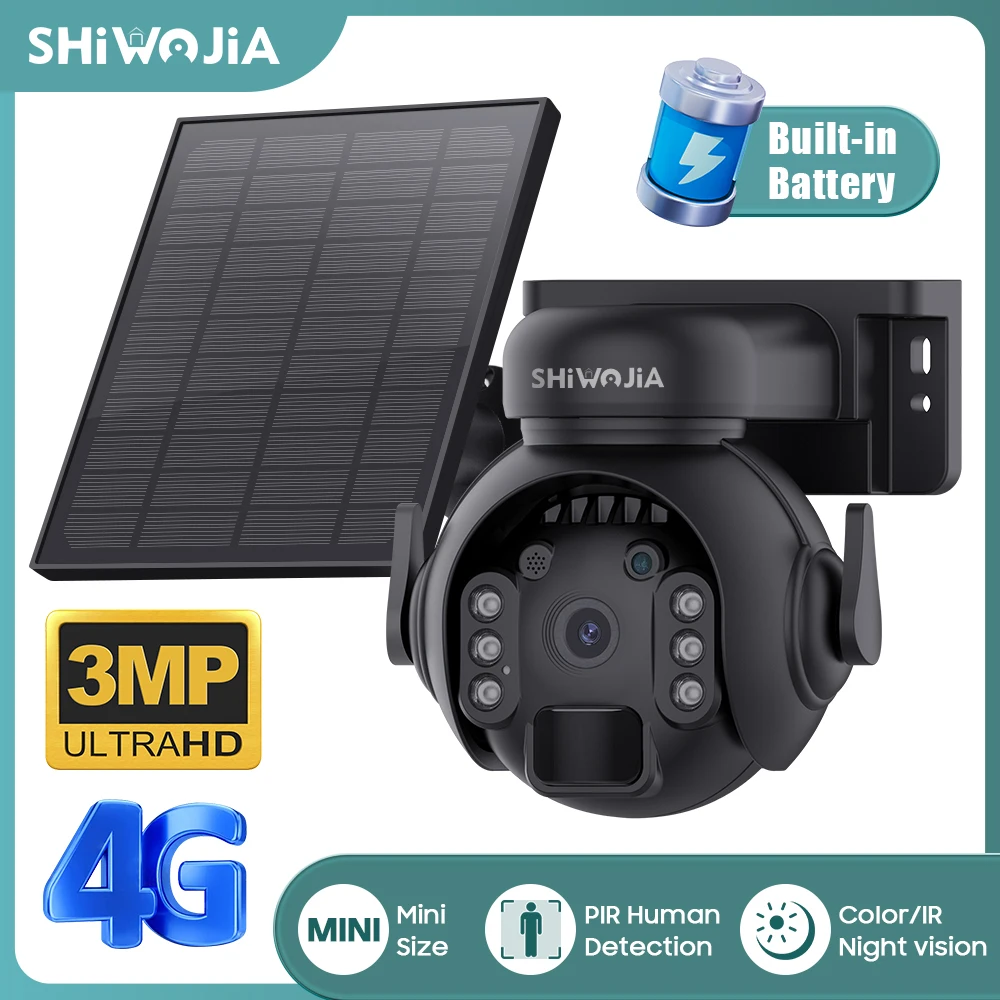 SHIWOJIA Solar Camera 4G Outdoor 3MP HD Night Vision Surveillance 2-Way Audio AI Human Detect Wireless WIFI Battery Camera