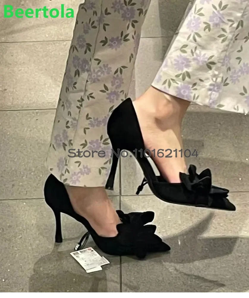 Flower Design Pointed Toe Luxury Pumps For Female Women 2024 Thin High Heel Slip-on Solid Shallow Elegnat Satin Fabric Shoes