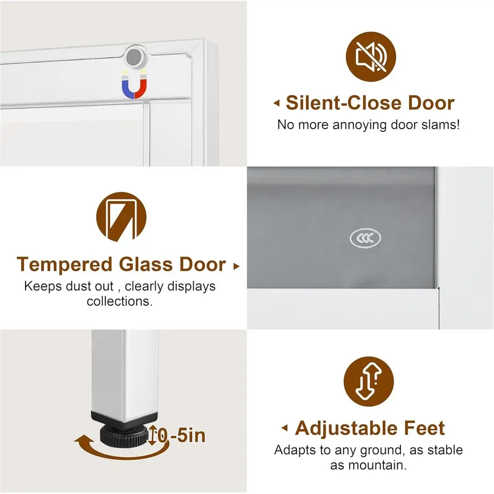 Espositore in metallo bianco a 4 livelli con ante in vetro temperato per soggiorno, piante e oggetti da collezione, assemblaggio richiesto