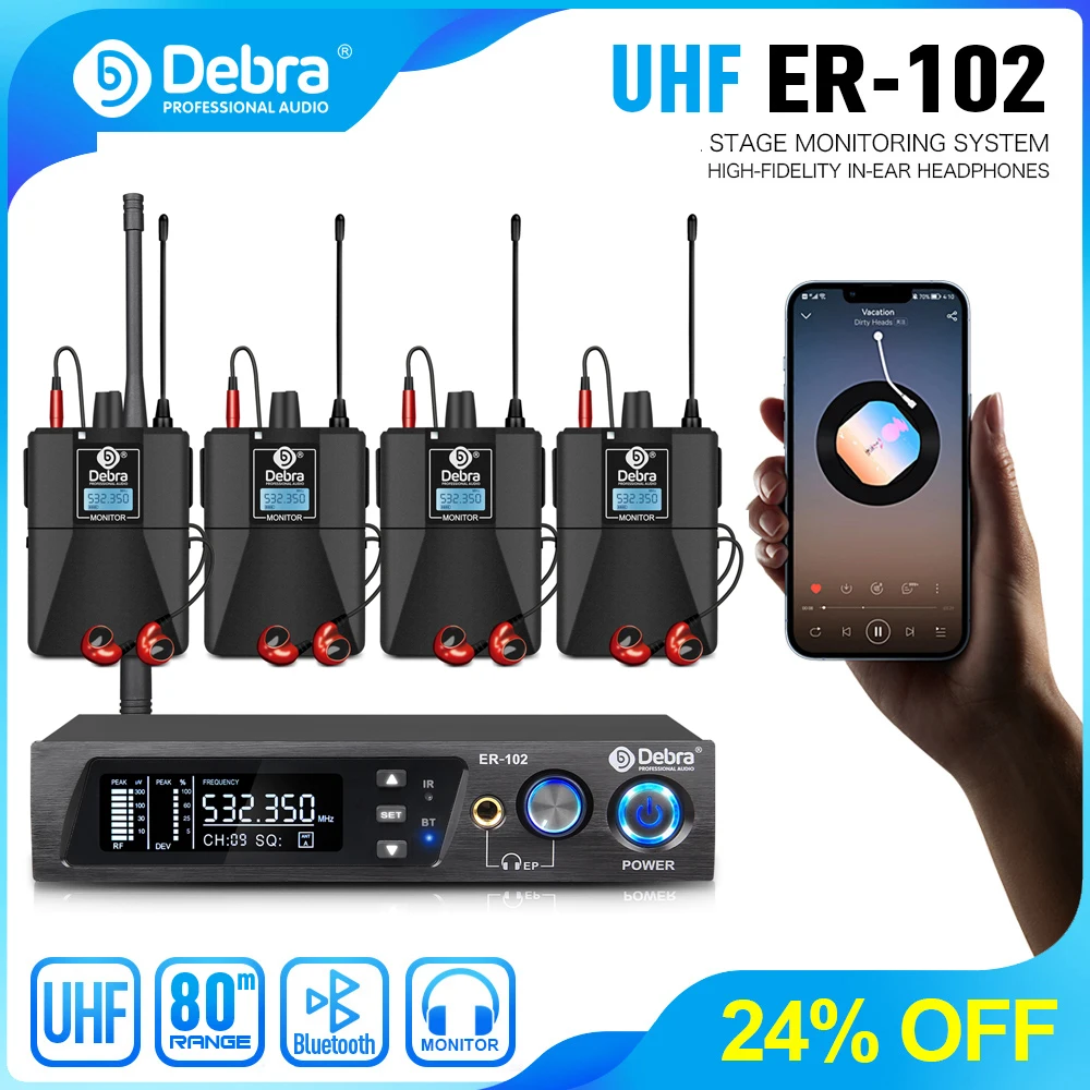 Debra UHF Wireless In-Ear Monitoring System ER-102 with bluetooth5.0 for Stage Performance,Recording,Band,Drummer,Church speech