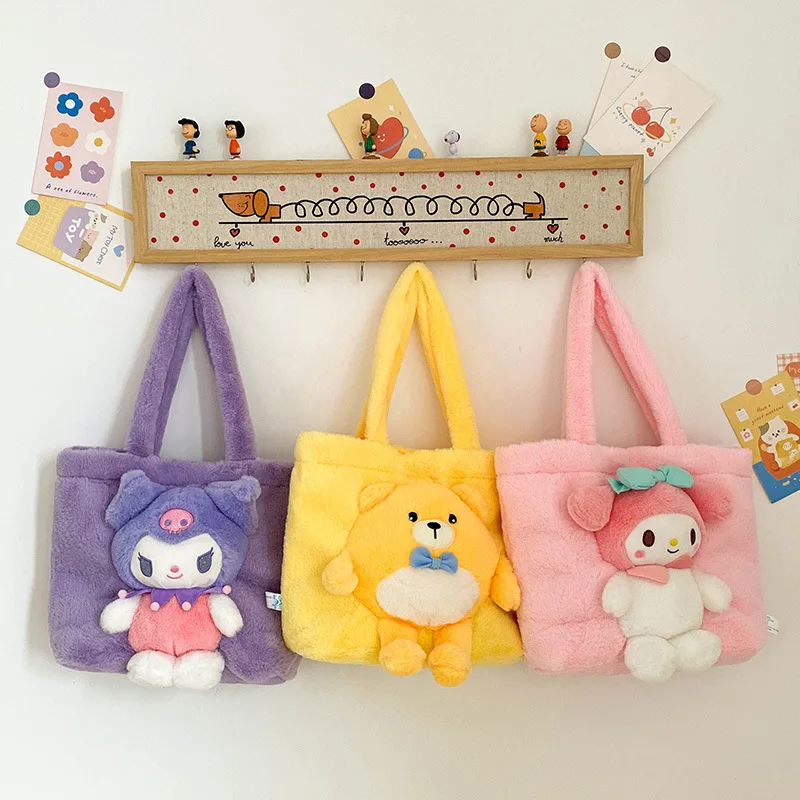 Kawaii Sanrio Plush Shoulder Bag For Women Cute Kuromi My Melody Storage Bag Large Capacity Handbag Christmas Gifts For Girls