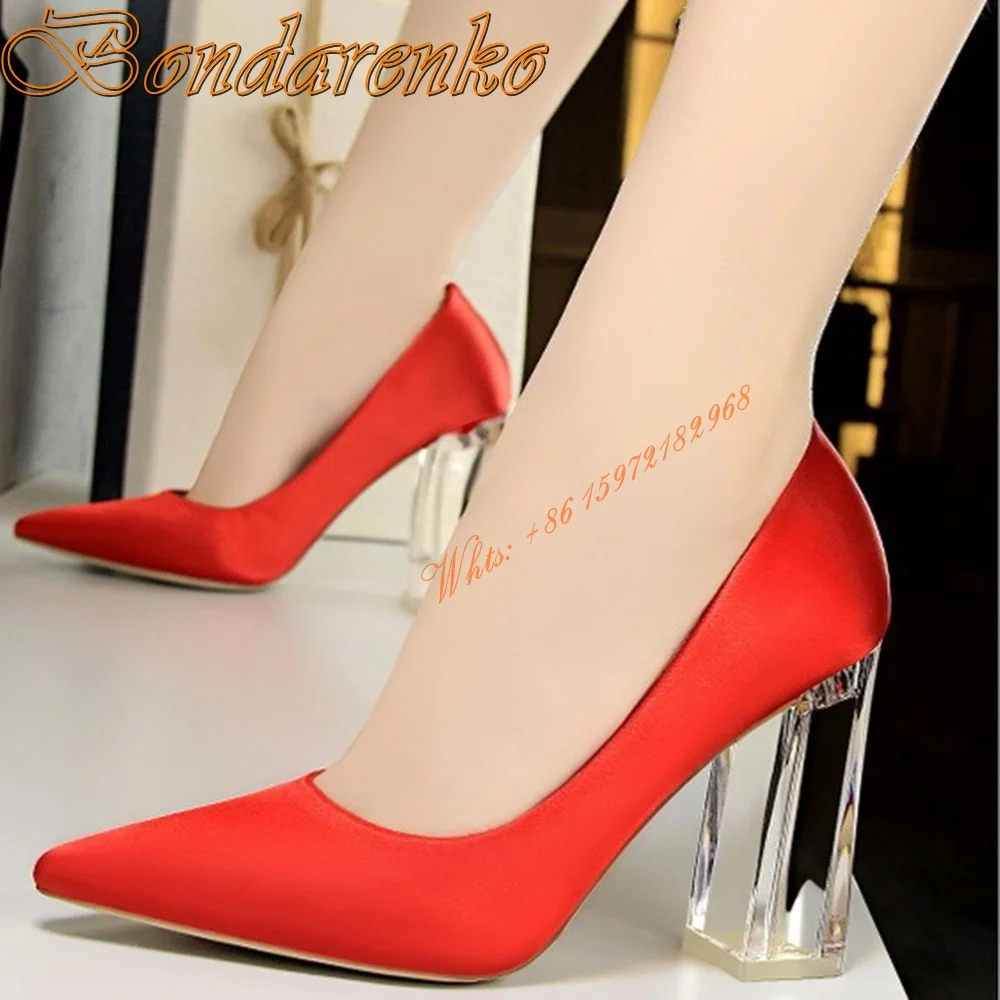 

Clear Thick Heels Pumps Women Wedding Shoes Pointy Toe Silk Shallow Solid Slip On Pumps Spring Aummer Party Dress Shoes Concise