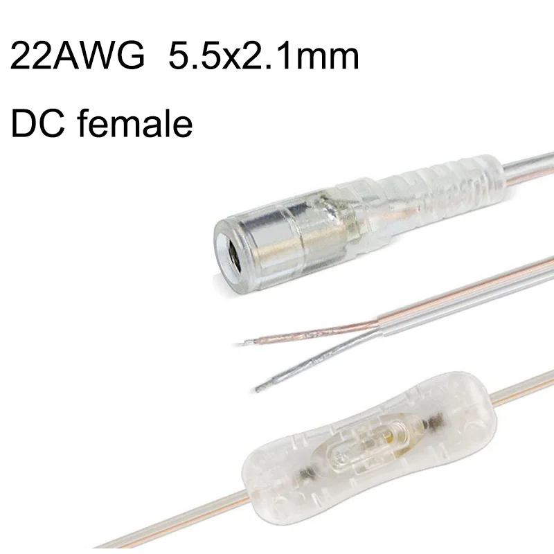 DC 12V Cable Female 304 switch button Connector extension Power supply Cord 2M 22awg for LED Strip Light 5.5xmm2.1mm transparent