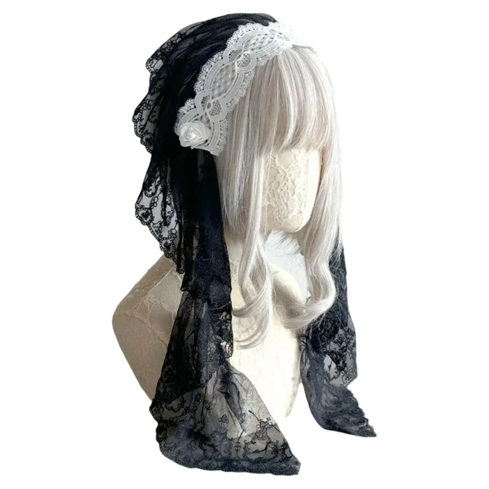 

Черно-белая монахиня на Хэллоуин. Повязка для волос в стиле Лолиты. Готическая кружевная сетчатая вуаль. Платок для субкультуры. Обе спереди и сзади.