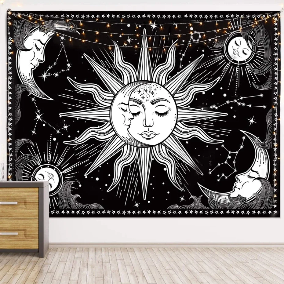 Energy Mandala Sun Moon Tapestry Wall Hanging White Black Astrology Witchcraft Mandalas Celestial Wall Tapestry Room Boho Decor