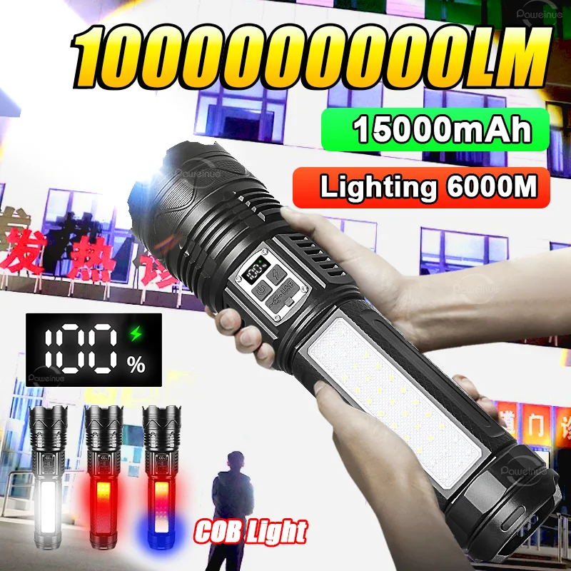 1000000LM Most Powerful LED Flashlight Rechargeable Type-c Flashlight Long Range 6000M Tactical Torch Light For Fishing Hunting