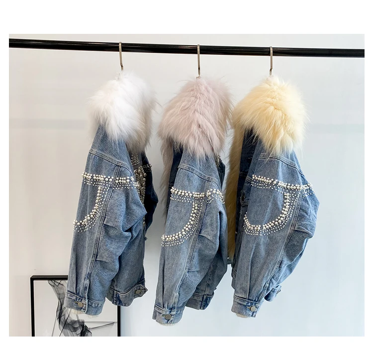 デニムジャケット レディース 本物のファー襟付き 女性用冬用パーカー 新しいフォックスファーコート ビーズ付き 取り外し可能なダウンライナー ストリートウェア 女性用