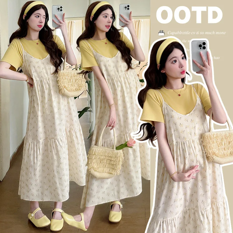 traje-de-maternidad-verano-2026-camiseta-amarilla-de-manga-corta-y-vestido-con-tirantes-finos-y-estampado-floral-estilo-pastoral-para-mujeres-embarazadas
