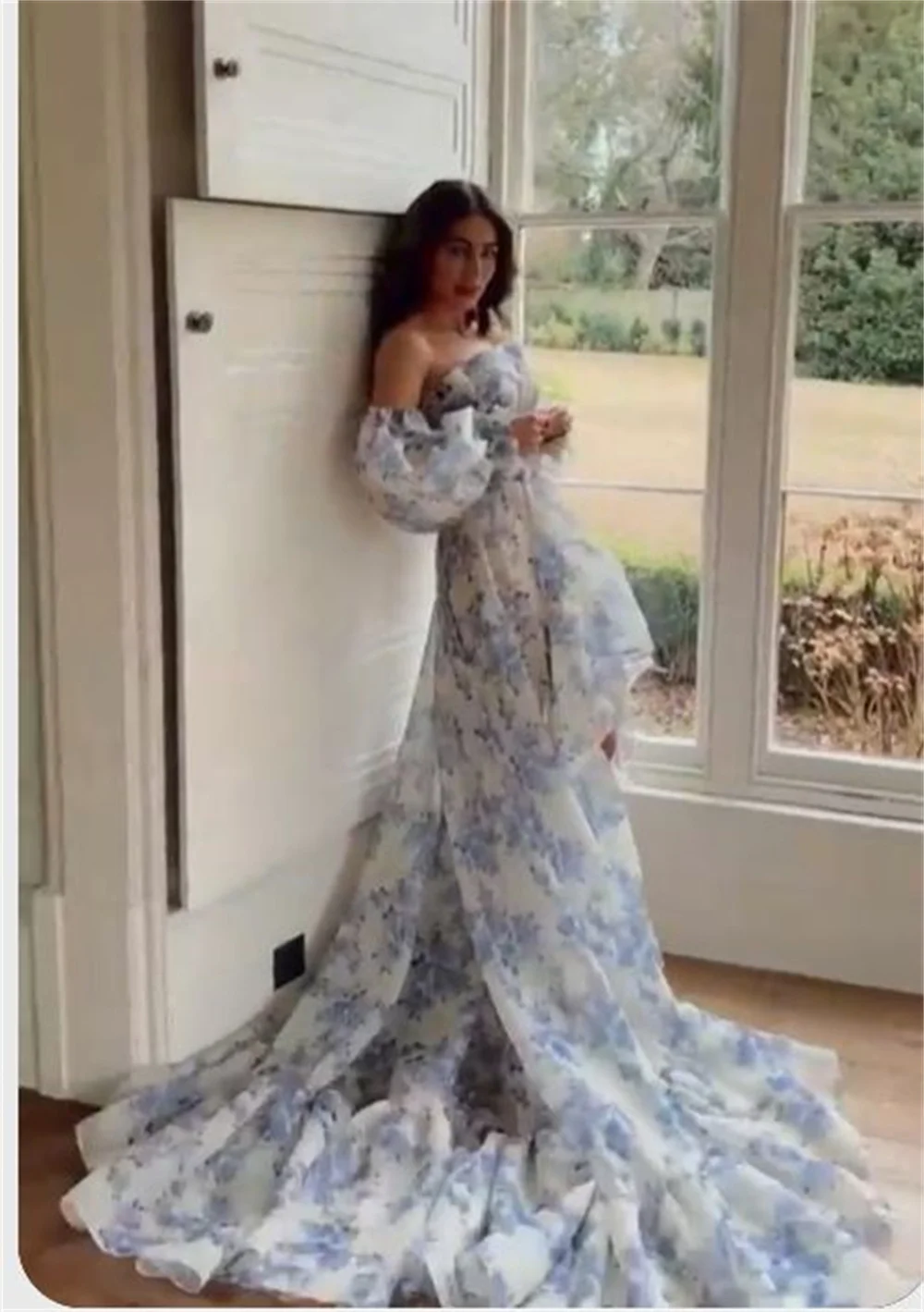 Sansa Puffy Sleeve Printing A-line فساتين السهرة Sweet Blue Organza Vestidos De Noche Romantic Strapless Long Tail Prom Dresses