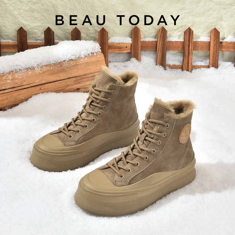 BEAUTODAY Canvas Sneakers Women Kid Suede High Top Lace-up Winter Warm Plush Ladies Casual Vulcanized Shoes Handmade 08226