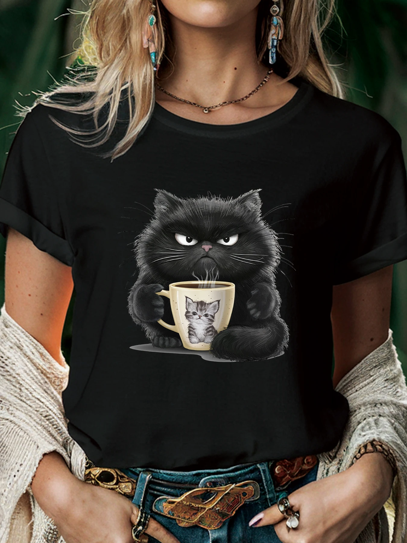 Cute Coffee Drinking Cat Women T Shirt Summer Fashion Short Sleeved T-shirt Tee Tops O-neck Casual Tshirt Women's Clothing