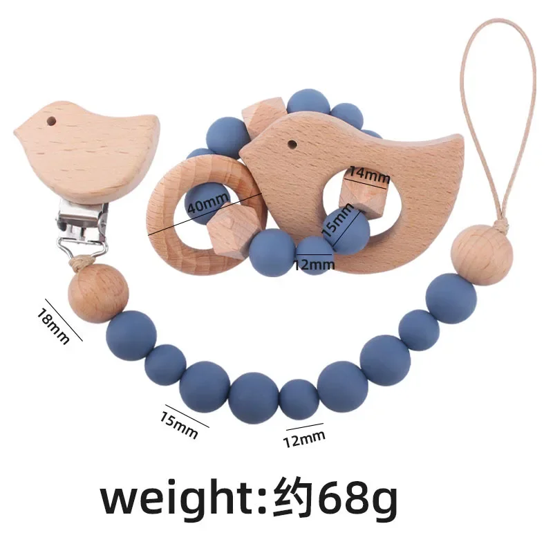 Baby Pacifier Clip Wooden Teethers Bracelet SetSilicone Beads Infants Teething Toy Anti-lost Chain Cartoon Star Cloud Cat