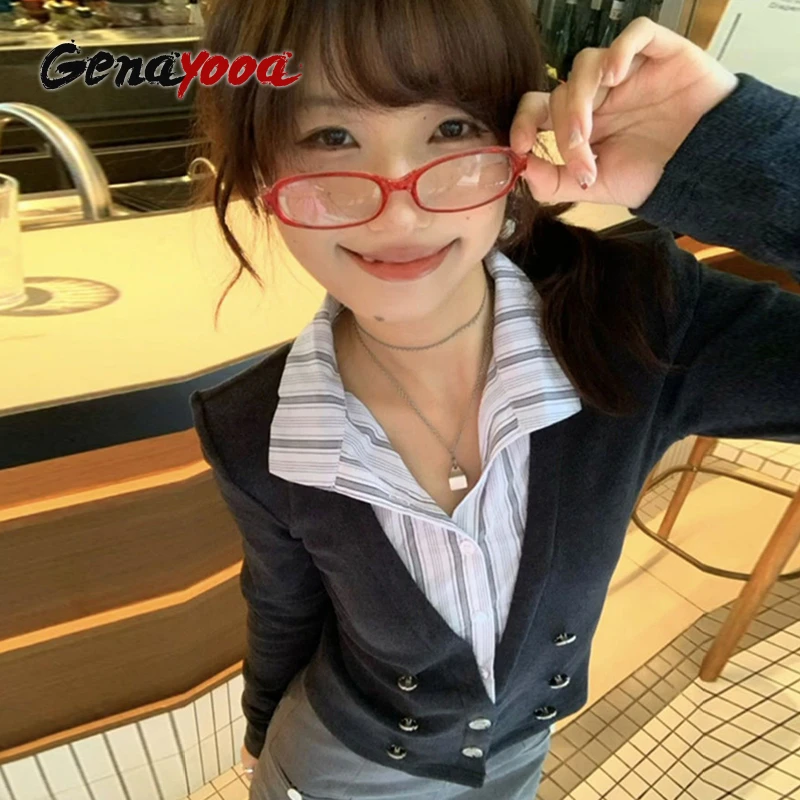 Genayooa Y2k قميص ياباني نسائي مرقع بأكمام طويلة مكون من قطعتين قطع علوية أمريكية ريترو 90s ملابس علوية من Gurnge ملابس الشارع