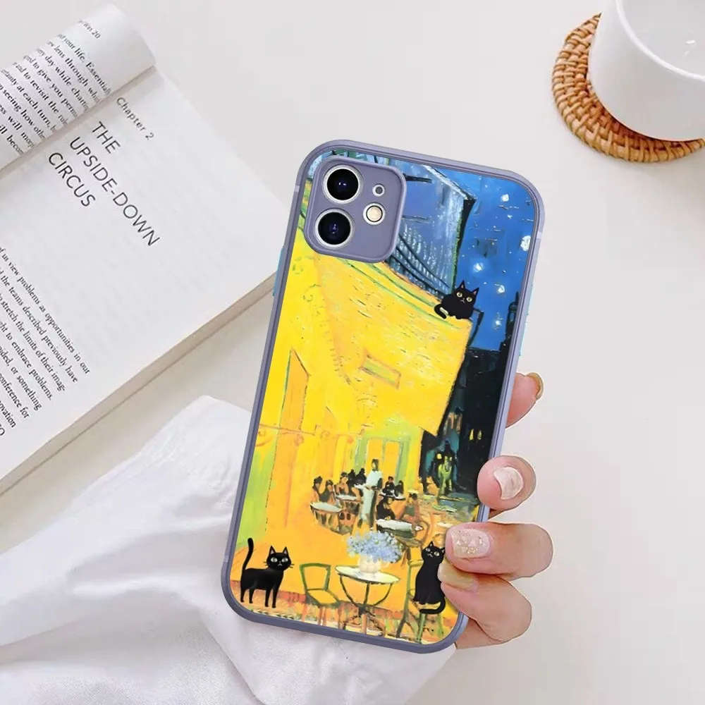 Claude Monet Van Gogh Zwarte Cat Oil Art Telefoonhoesje Voor Iphone 14 X Xr Xs 7 8 Plus 11 12 13 Pro Max 13Mini Mat Schokbestendig Hoesje