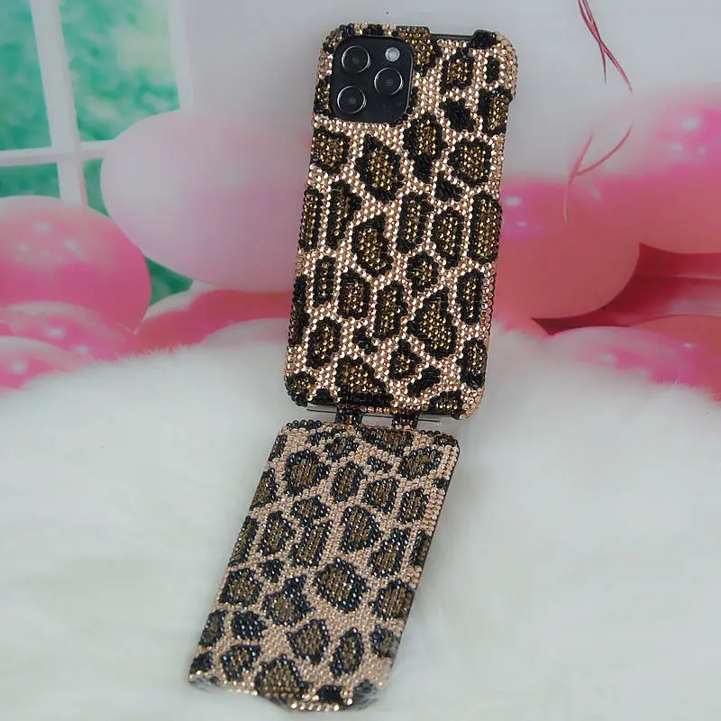 Fashion and Personalized Flip Top Gold Leopard Print Rhinestone Phone Case for iPhone 15 Pro Max 14 Plus 13 12 11 XSMax XR