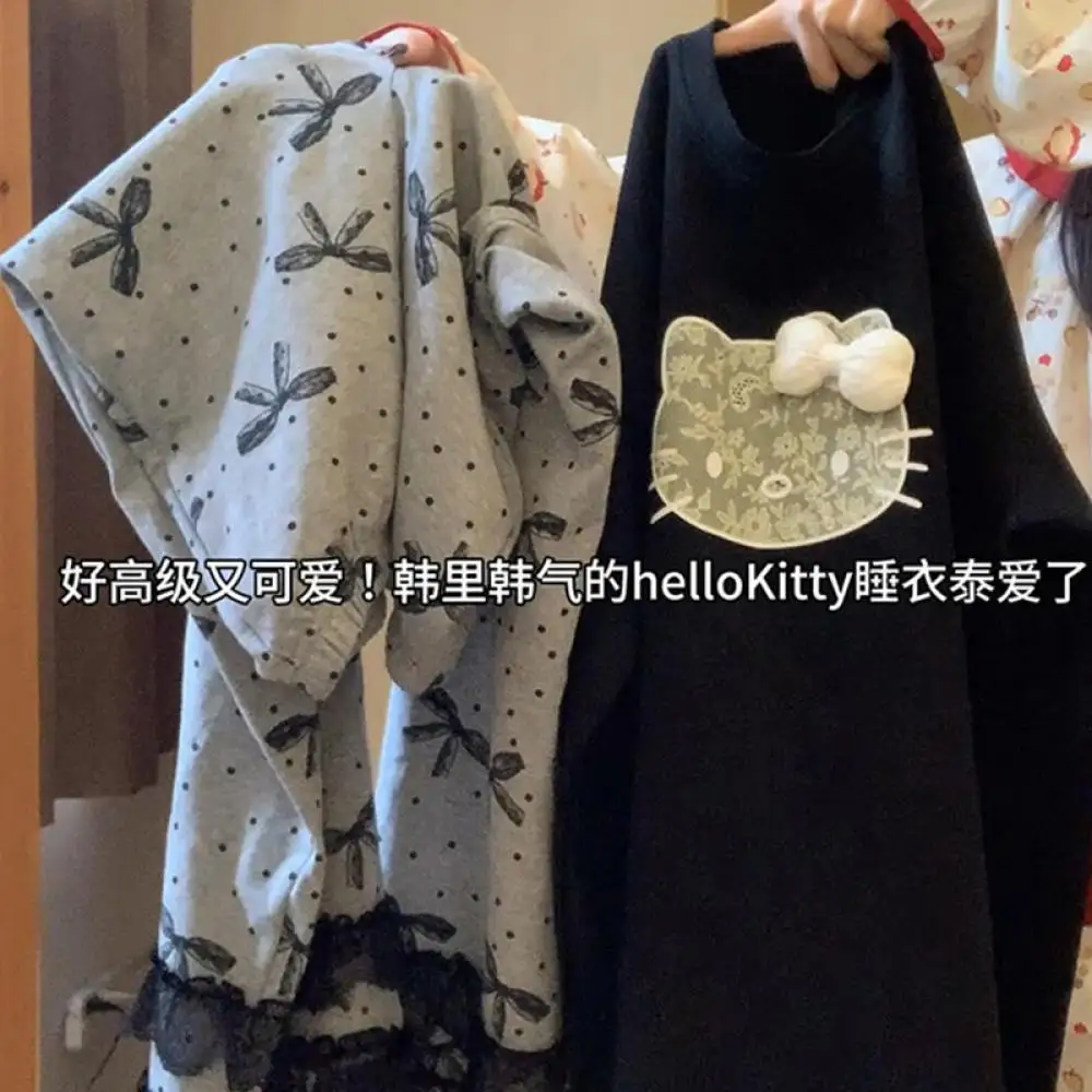 2 قطعة منامة القطن دعوى Kawaii مرحبا كيتي النساء أنيمي Homewar لطيف طويلة الأكمام السراويل الخريف الكرتون الفتيات ملابس خاصة غير رسمية #4