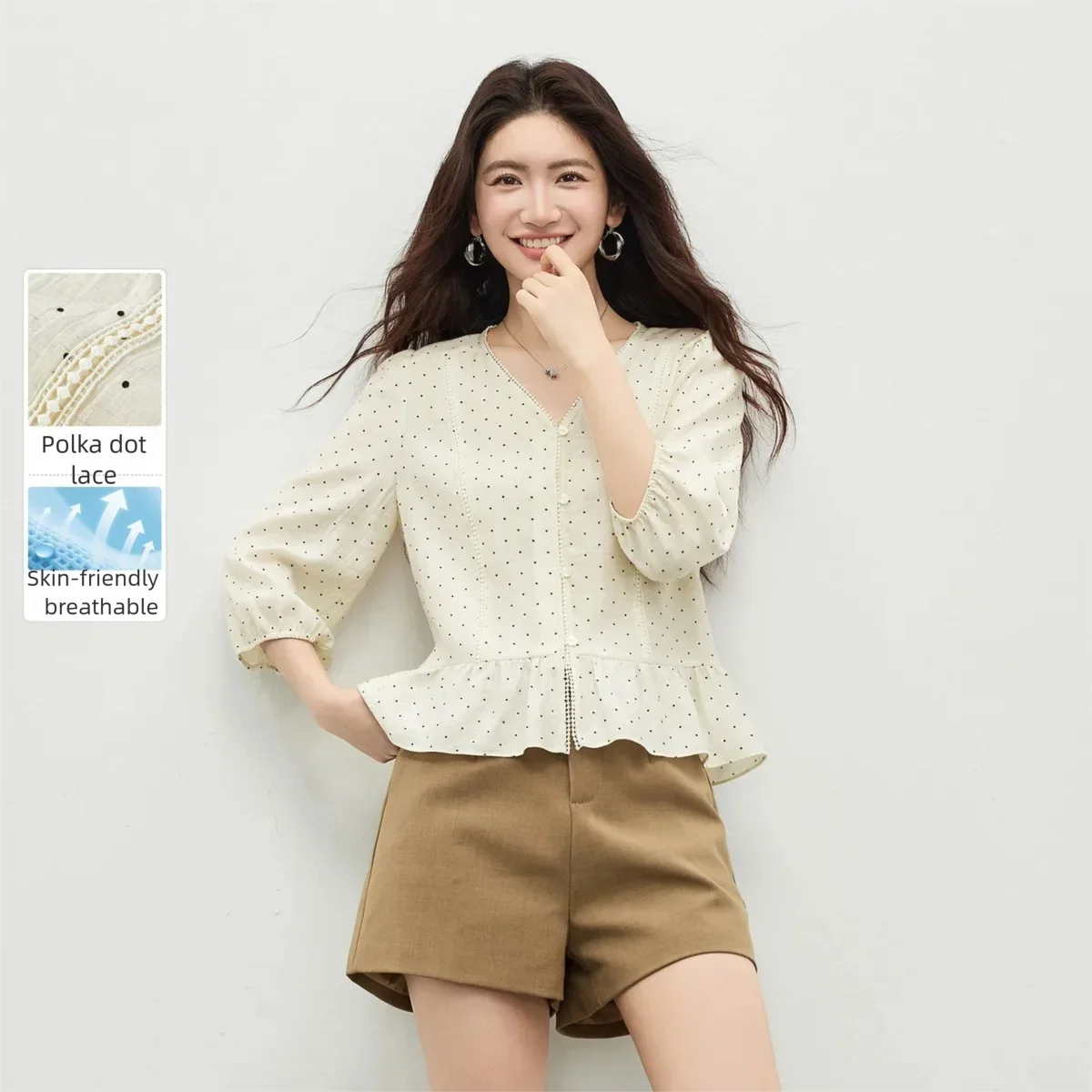 

SENTUBILA 2026 Summer New Linen Blend Polka Dot Blouse Women V Neck Lace Trim Peplum Top Elegant Flowy Casual Shirt 162VB6049