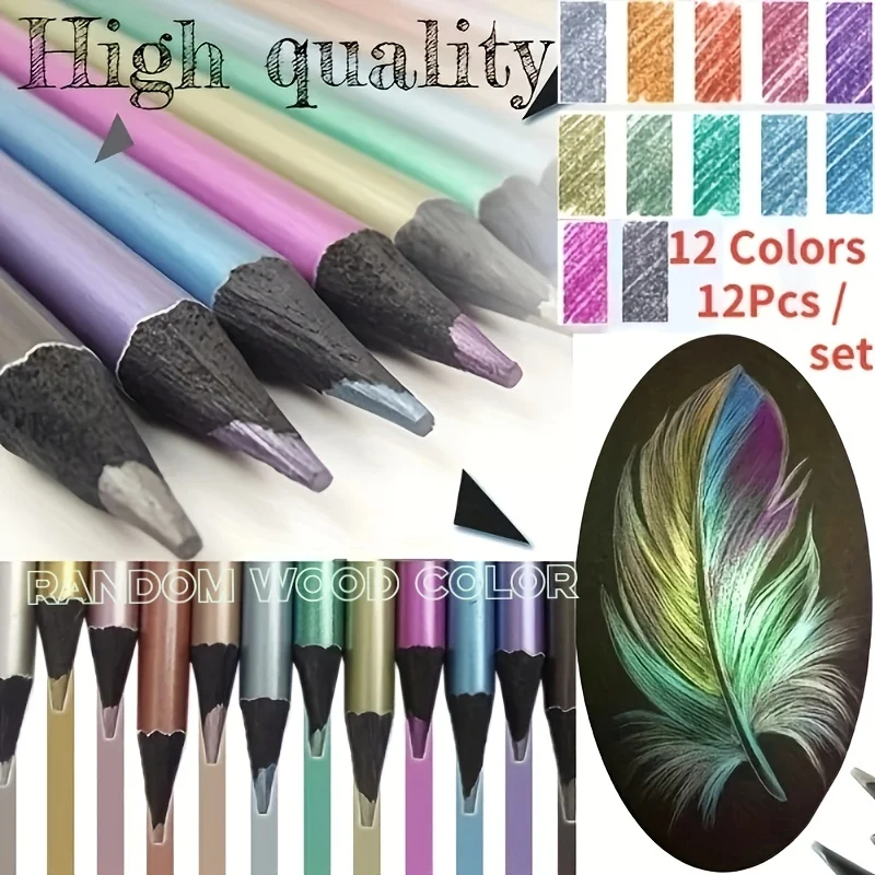 Roise 12 Color Metallic Colored Pencils Drawing Sketching Set Coloring Colour Pencils Profession Art Supplies For Artist