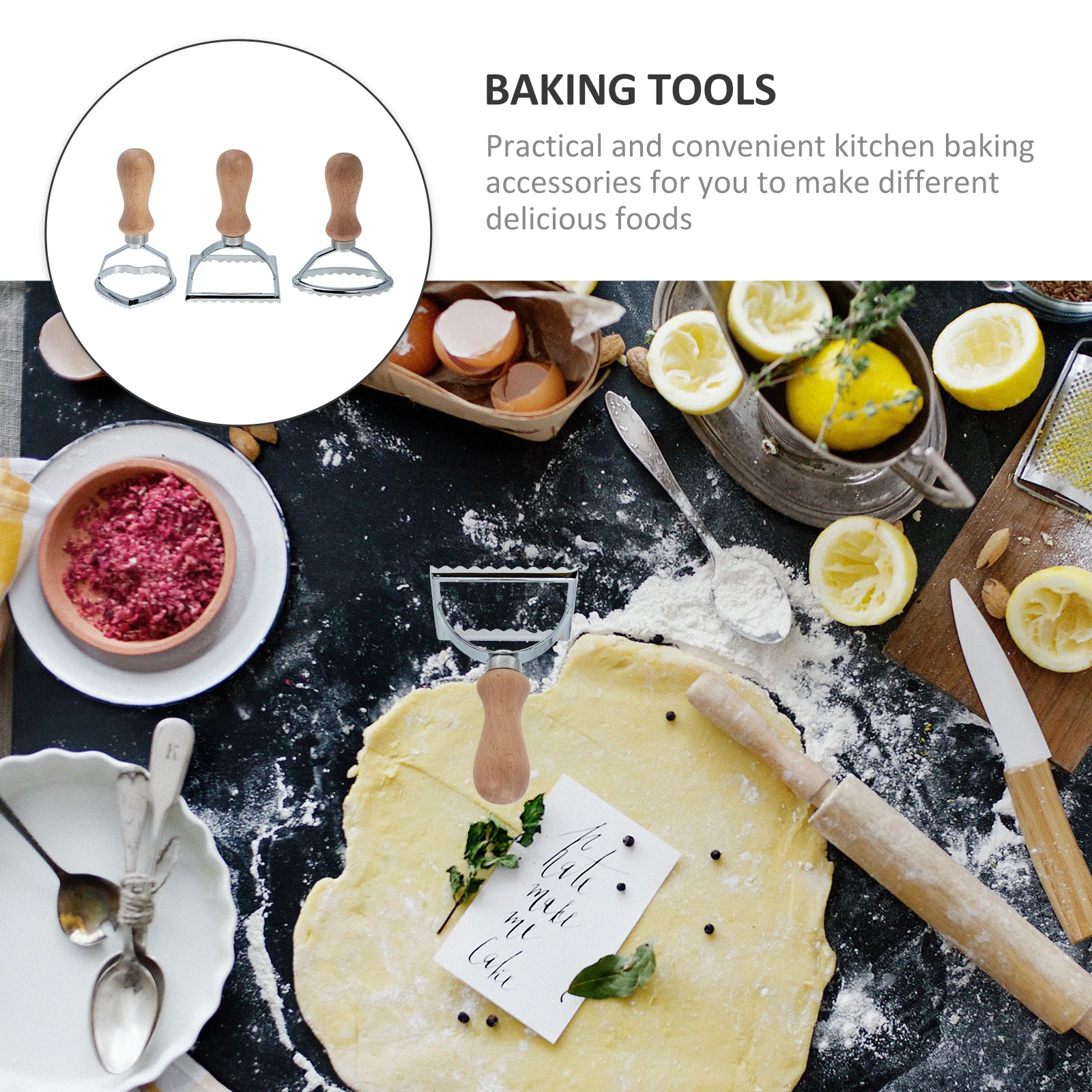 

3Pcs Wooden Handle Biscuit Cutters Zinc Alloy Dough Molds for Baking Cookies Dumplings Pasta DIY Kitchen Tools