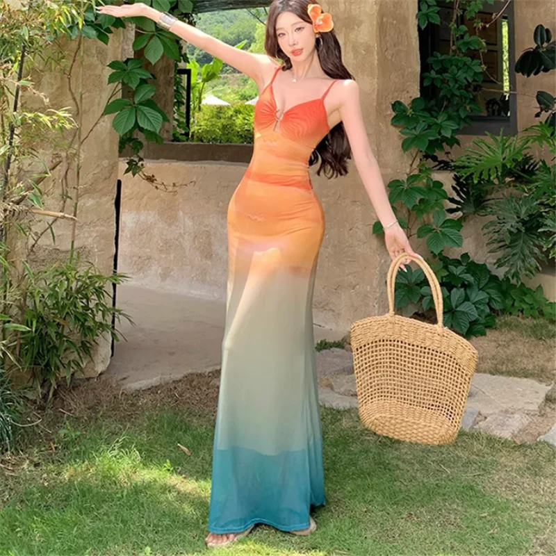 عطلة عطلة مذهلة التدرج اللون الأشرطة طباعة فستان بحزام الشاطئ الصيف مثير الخامس الرقبة بلا أكمام الحمالات فستان طويل زلة