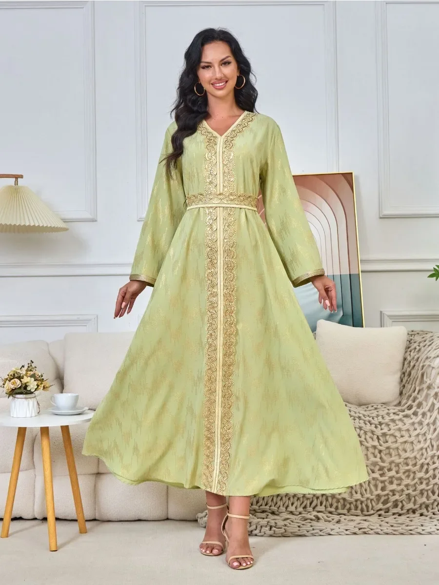 Eid Dress Women Muslim PartyRamadan Abaya Long Dress Belt Morocco Kaftan Lace-up Vestidos Largos Dubai Turkey Robe Jalabiya 2024