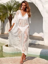 2022 New Crochet White Lace Knitted Beach Cover Up Dress Tunic Long Pareos Bikinis Cover Ups Swim Robe Plage Beachwear Cover up