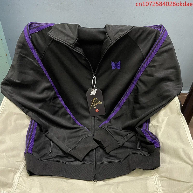 Need Black Purple Edge Embroidered Butterfly Ribbon Spring And Autumn Loose Jackets, Unisex Couple Casual Sports Jackets