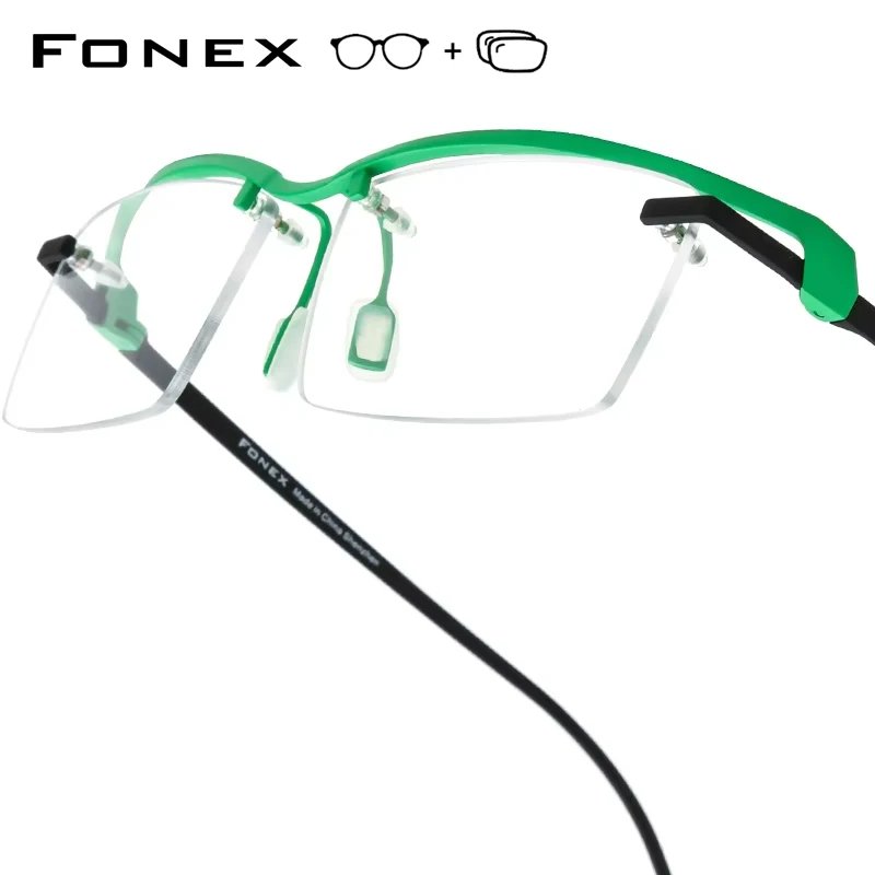 FONEX Pure Titanium Glasses Frame Men Semi Rimless Women Square Prescription Eyeglasses Half Frame Myopia Optical Eyewear 85817