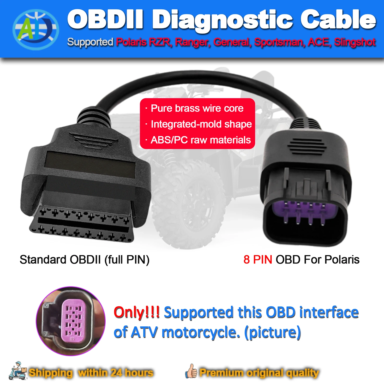 

OBDII Diagnostic Cable For Polaris ATV Motorcycle 8pin to 16pin OBD2 For RZR/Ranger/General/Sportsman/ACE/Slingshot OBD Adapter