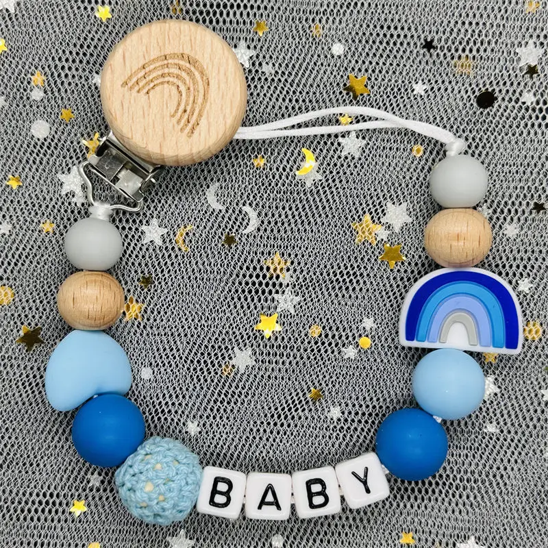 Handmade Custom Name Clips Pacifier Personalize Dummy Clips Holder Baby Silicone Rainbow Pacifier Holder Chain Baby Teether Gift