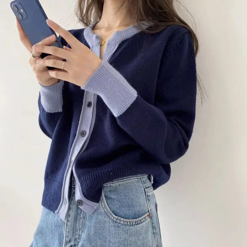 Nouveau Cardigan en tricot bloc de couleur pour femmes, manteau pull élégant et polyvalent