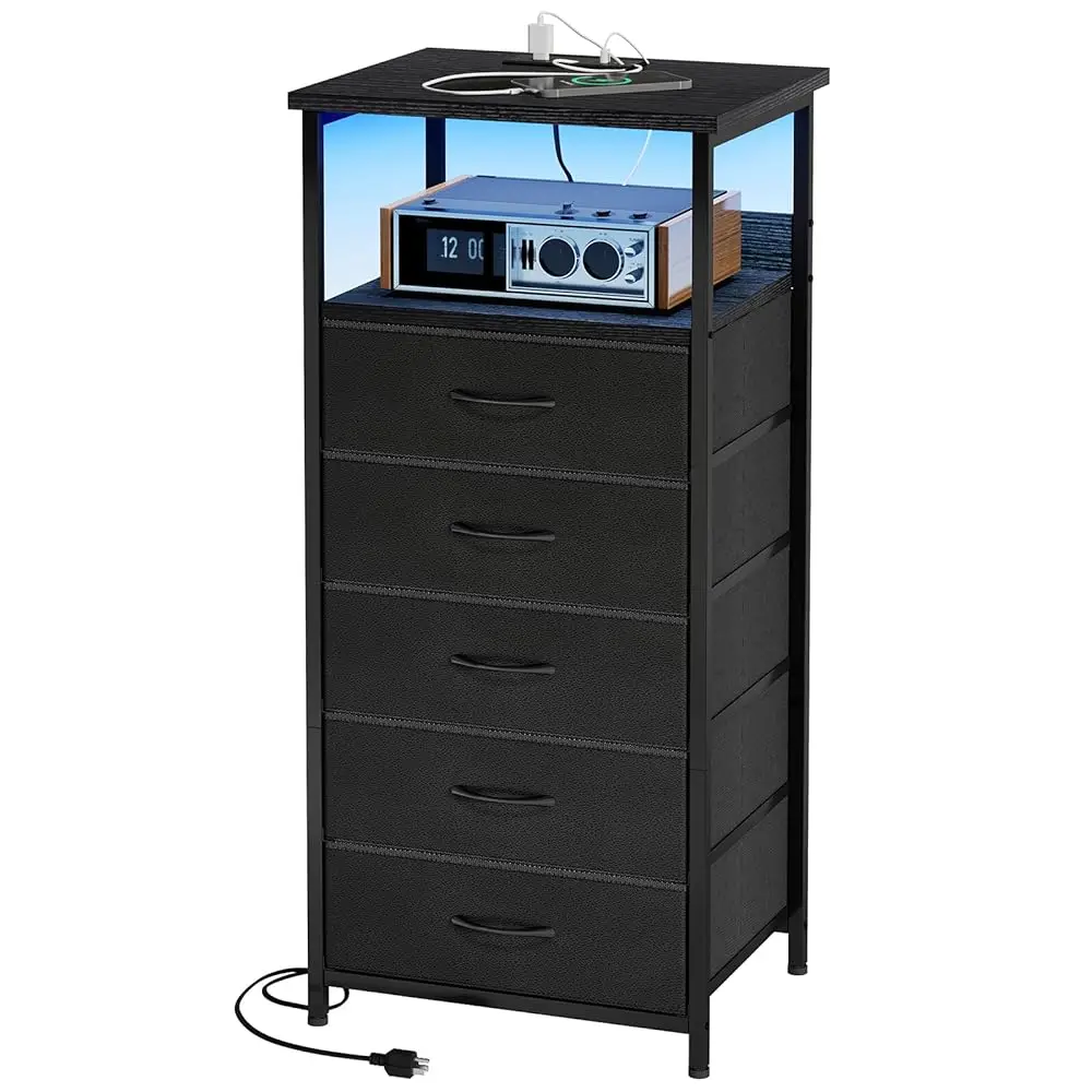 

Tall Nightstand With Charging Station And Led Lights, Night Stand With Pu Finish Fabric Storage Drawers, 5 Drawer Dresser,