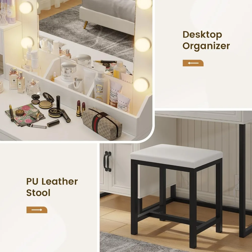 Makeup Vanity Desk with Mirror and Lights & Stool, Glass Top Vanity Table Set with Charging Station, 4 Stoarge Drawers & Double image 6