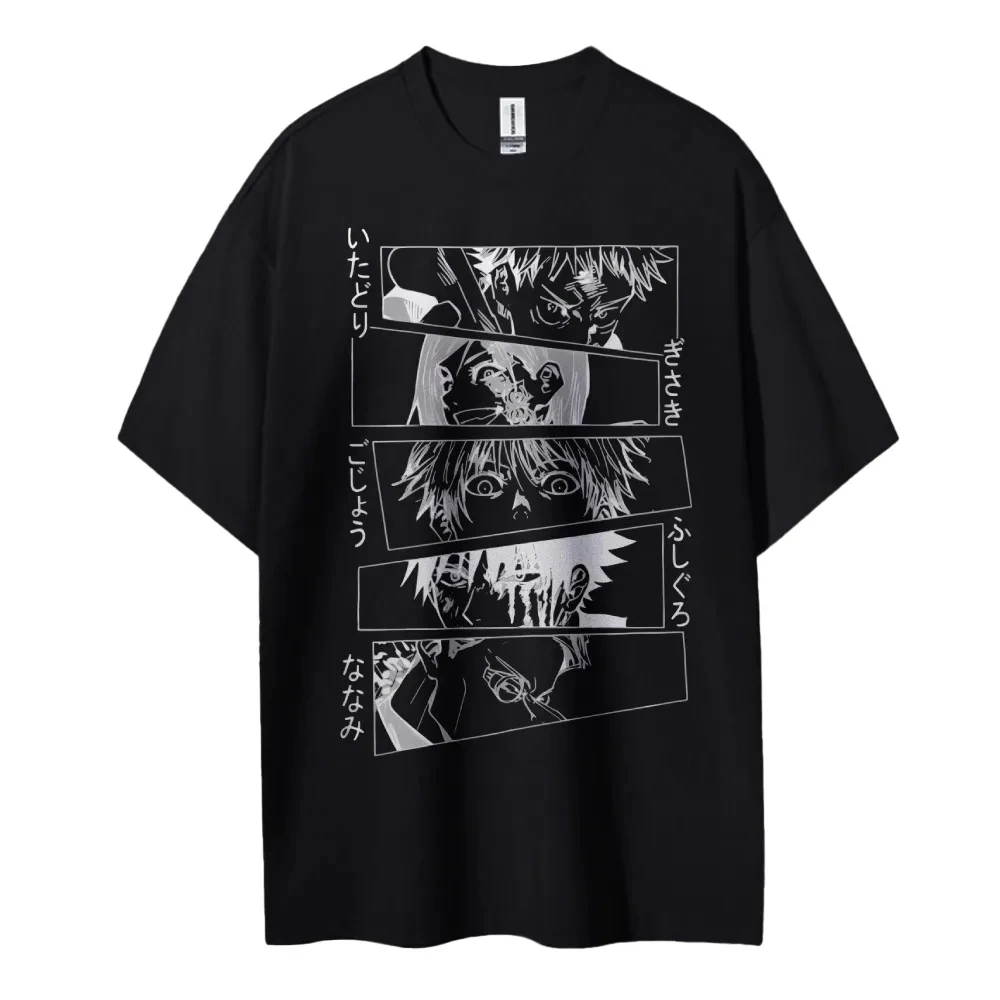 

Anime Characters Collage Print Cotton T Shirt 2025 Summer Men's Casual Streetwear Loose Fit Japanese Style Black and White