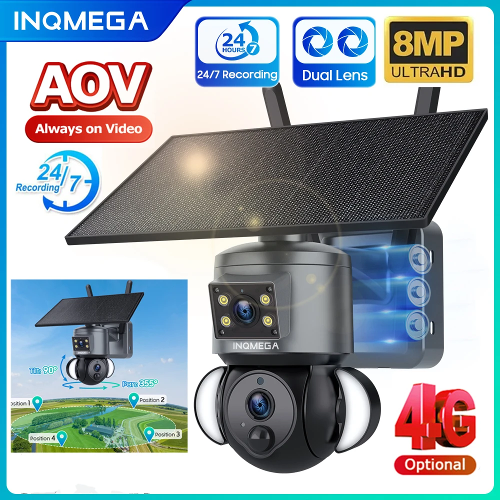 

INQMEGA Солнечная камера безопасности AOV Всегда на видео Отслеживание человека Цветное ночное видение Двустороннее аудио 4G/WiFi 24H Low Frame Recordin