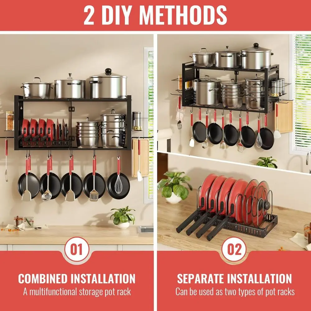 2-Tier Wall-Mounted Pot Rack, 20-Hook Kitchen Organizer with Pan & Spice Storage, Heavy-Duty Black Cookware Hanger