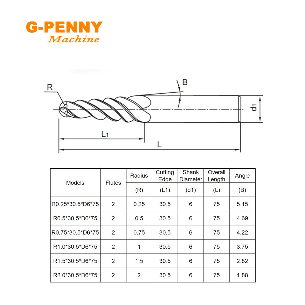 G-Penny 1pcs R0.25/0.5/0.75/1.0 CNC Tungsten Solid Carbide Coated Tapered Ball Nose End Mills Taper Cone Milling Cutter