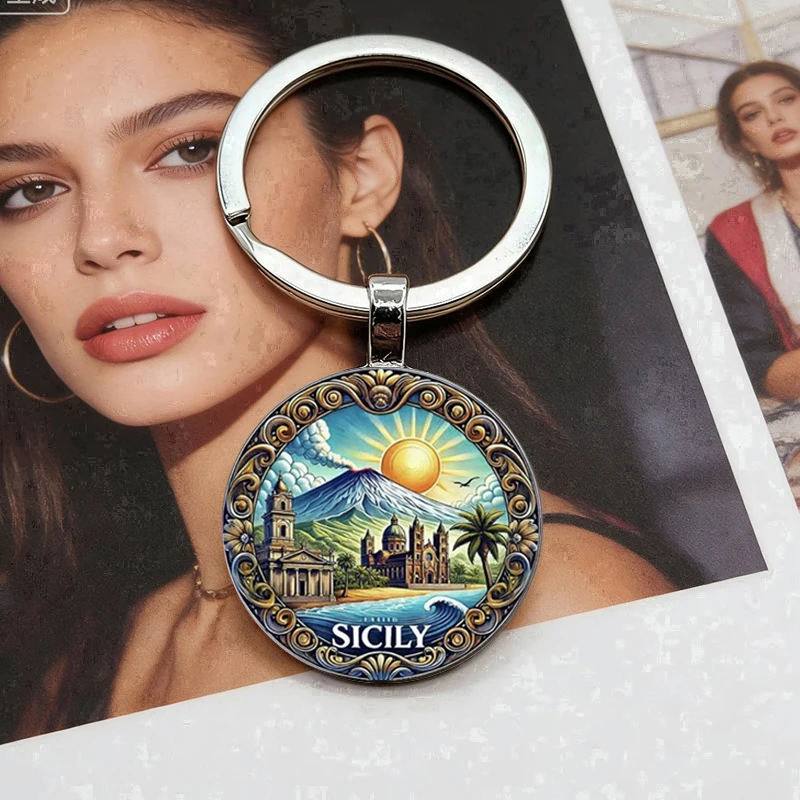 Hot selling exquisite sunrise landscape pattern circular glass alloy keychain pendant