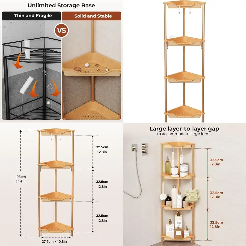 

4-ярусная полка-органайзер для душа, пластиковая напольная стойка для хранения, подставка для ванной комнаты с текстурой под дерево