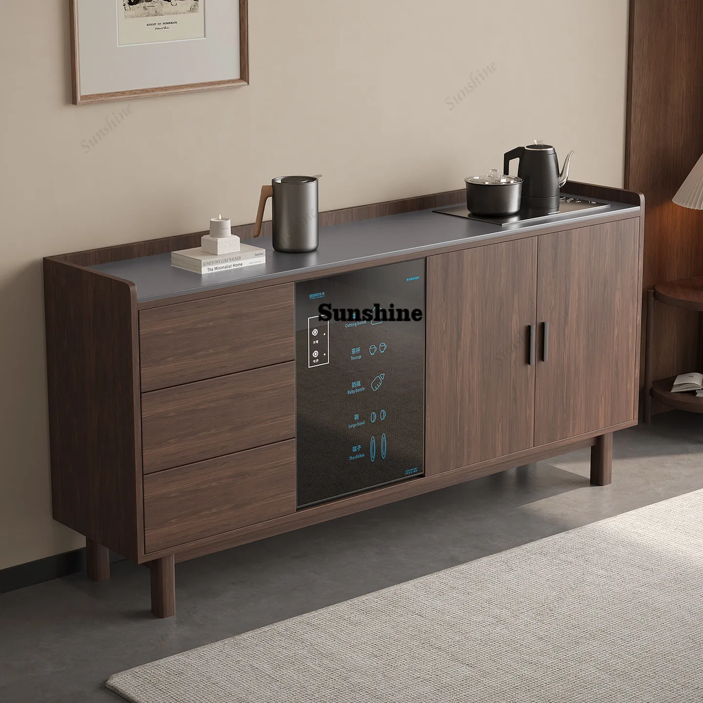 

slate black walnut solid wood, tea bar machine integrated against the wall living room multi-functional disinfection cabinet